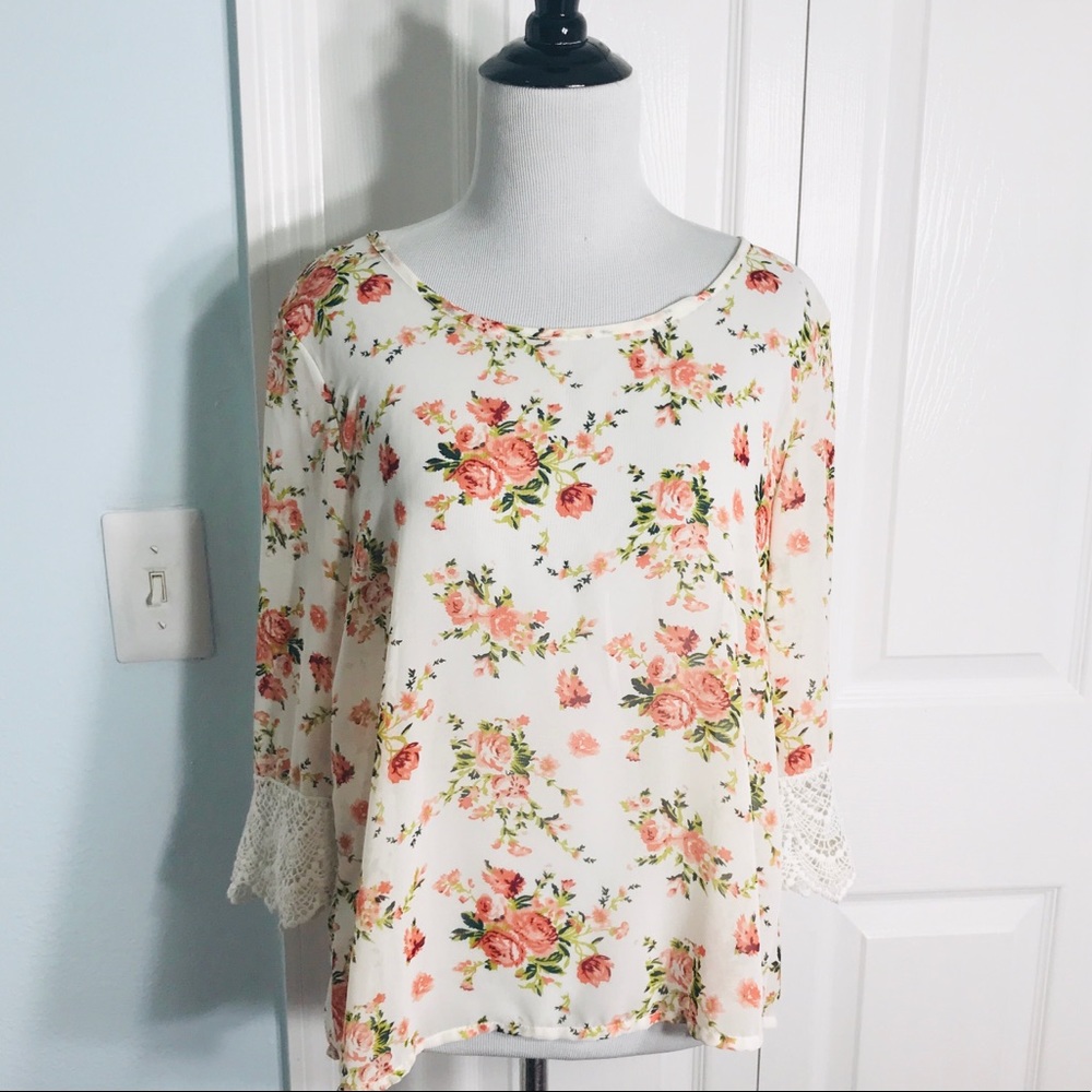 Marisol Cream & Pink Floral Crochet Lace Sleeve Romantic Blouse Top Size Large